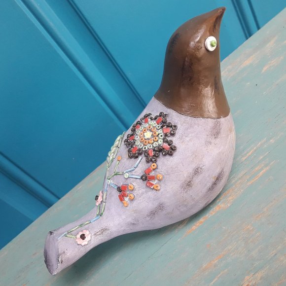 Carved Wood Bird Boho Hippie Decor Wooden Bird Figurine Embellished Beaded Art - Picture 2 of 16